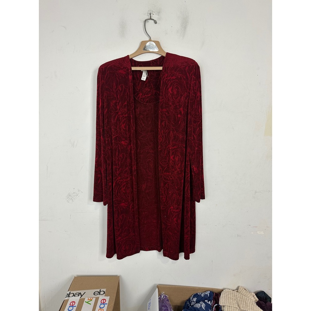 Coldwater Creek Red Floral Jacquard Open Front Longline Cardigan Jacket Womens 8